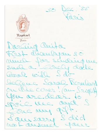 HEPBURN, AUDREY. Autograph Letter Signed, Audrey, to Gigi playwright Anita Loos (Darling Anita), in green ink,